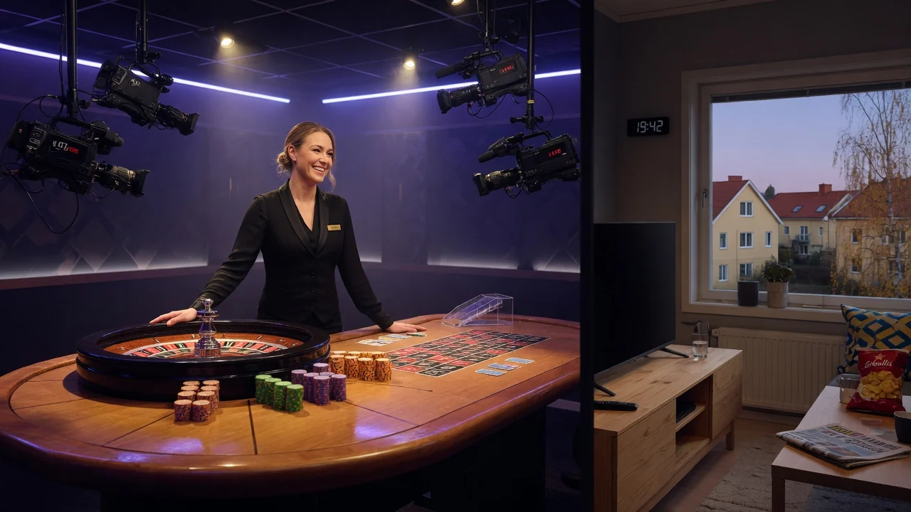 Live dealer i casinostudio vid roulettebord med chip och kort