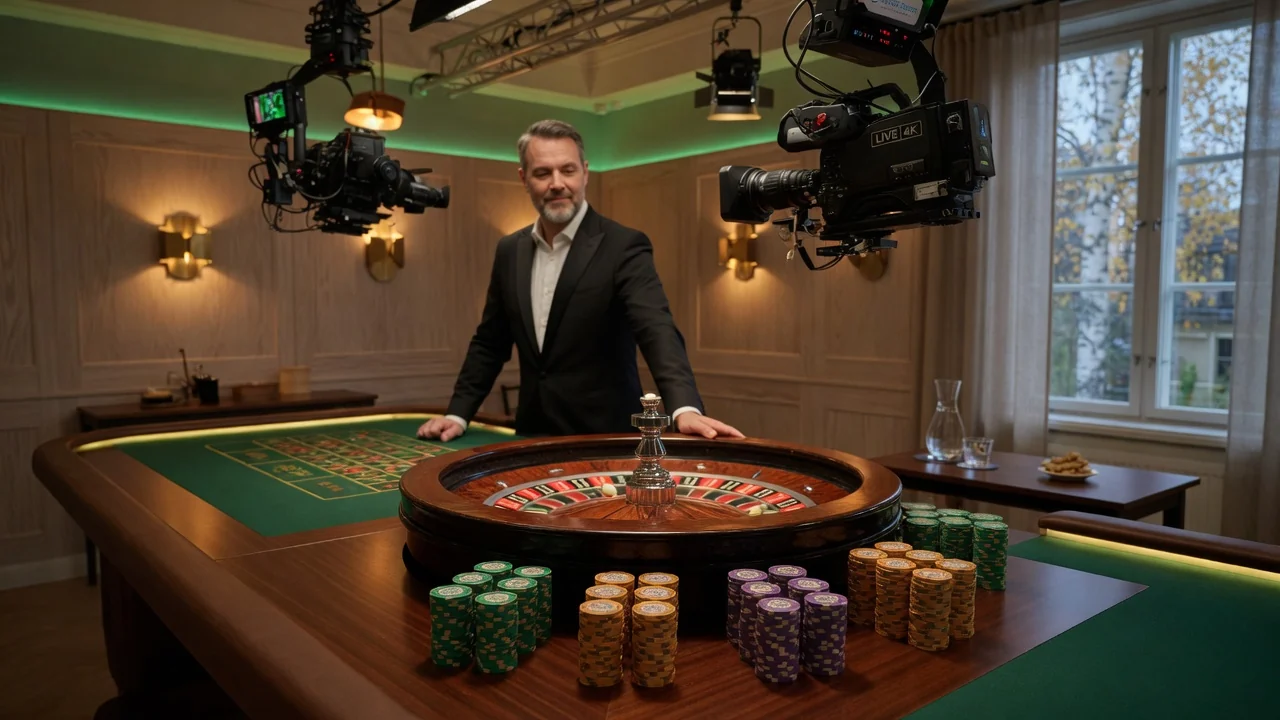 Live dealer i professionell kasinostudio med roulettehjul och marker