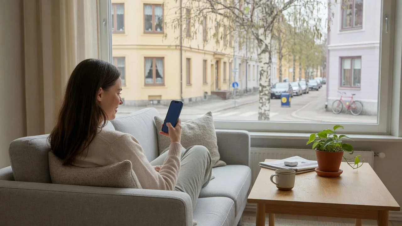 Person som håller en smartphone i en modern svensk lägenhet med dagsljus