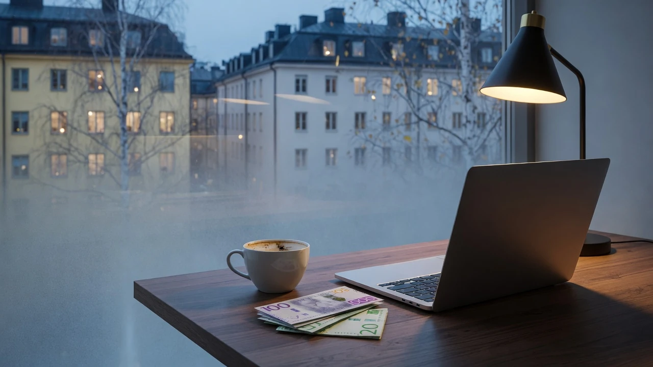 Modernt skrivbord med bärbar dator, kaffekopp och sedlar framför suddig Stockholmsutsikt