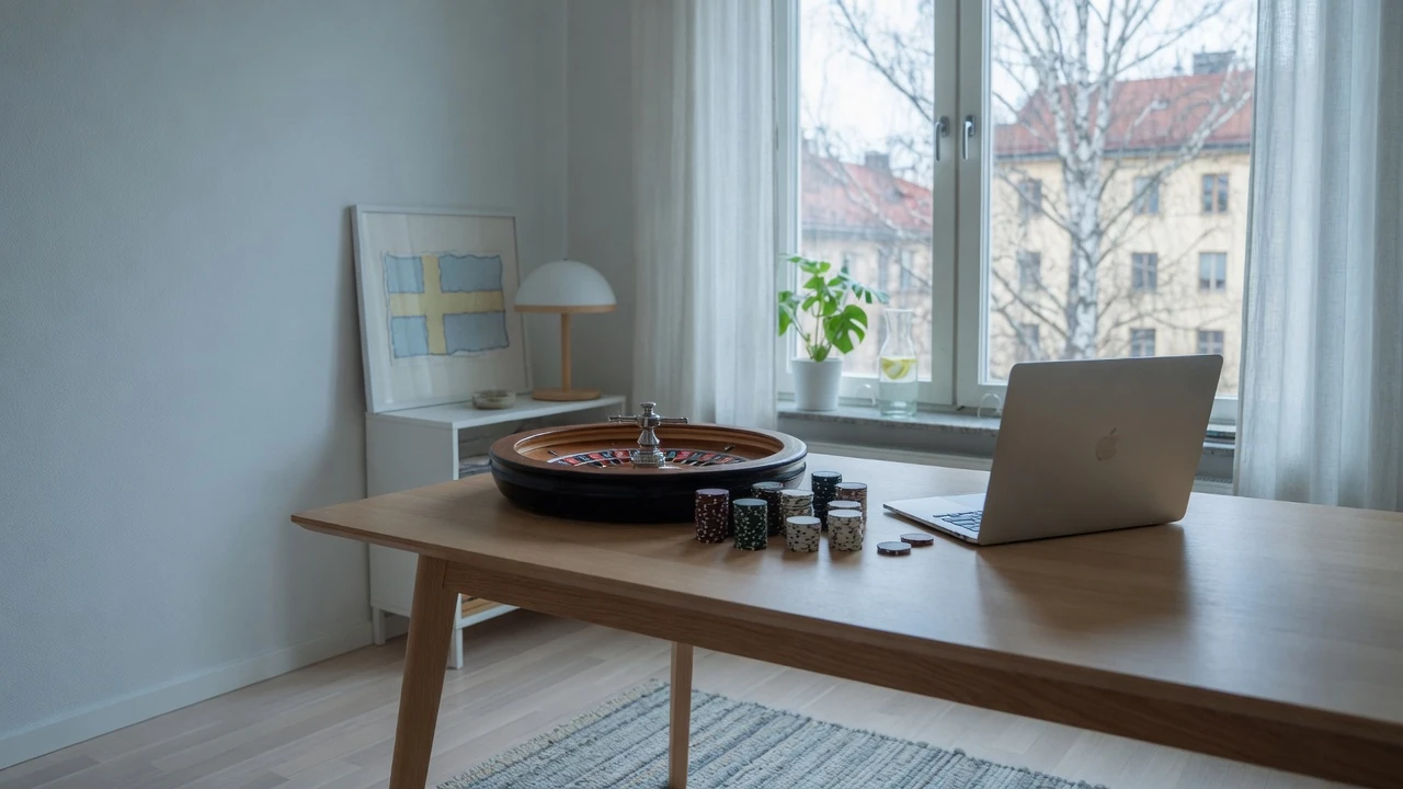 Modernt skandinaviskt rum med roulettehjul och casinofärgar på bordet