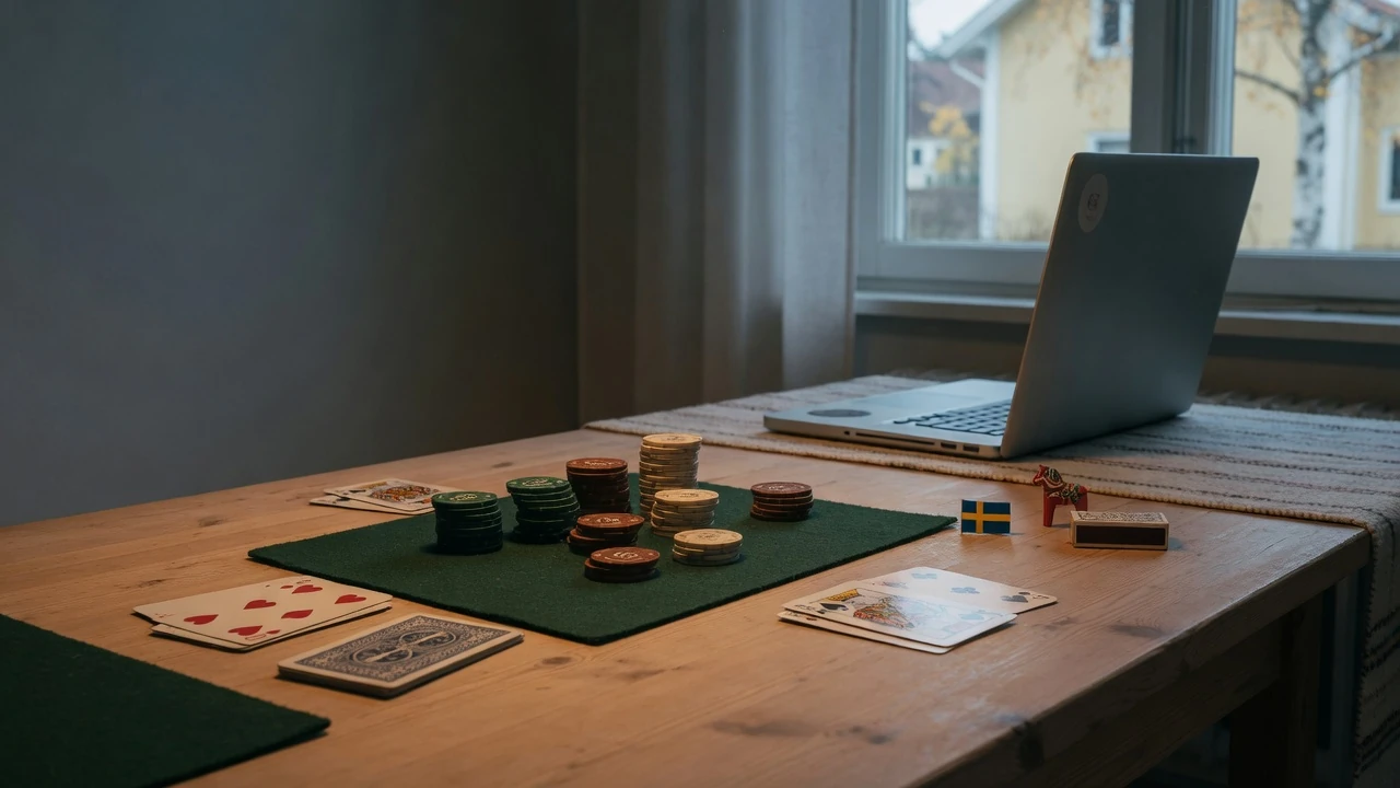 Blockbord med kort och casinotärningar vid svensk nätblackjack
