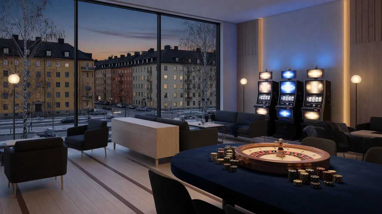 Stilren skandinavisk casinomiljö med roulettebord, marker och norrländsk vinterutsikt