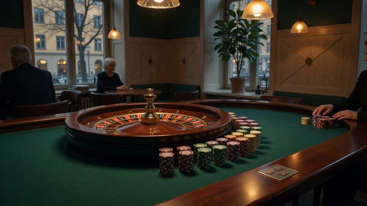 Elegant roulettehjul på grönt bord i en svensk casinohörna