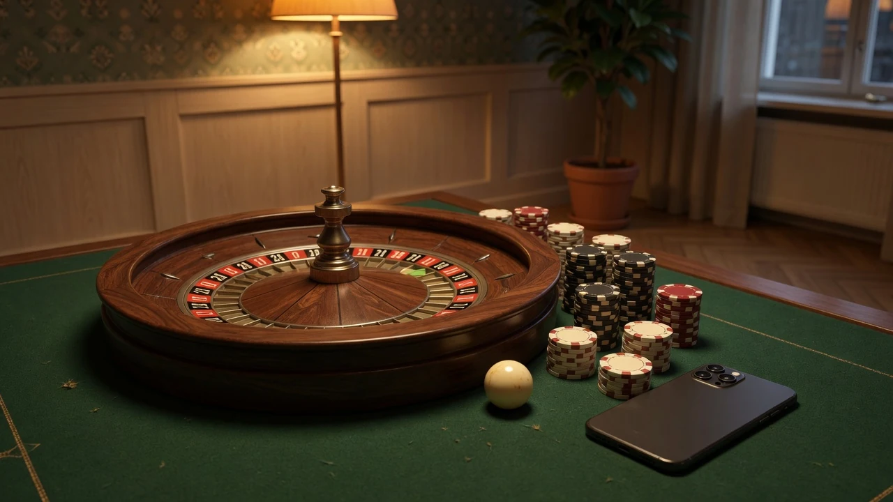 Roulettehjul med casinofärgar på ett filtbord i en elegant svensk casinomiljö