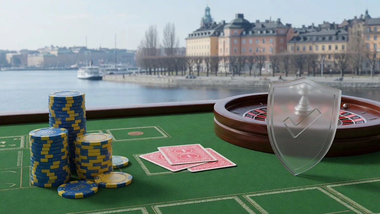 Casinobord med marker i blått och gult, roulettehjul och en glasskärm som symboliserar trygghet.