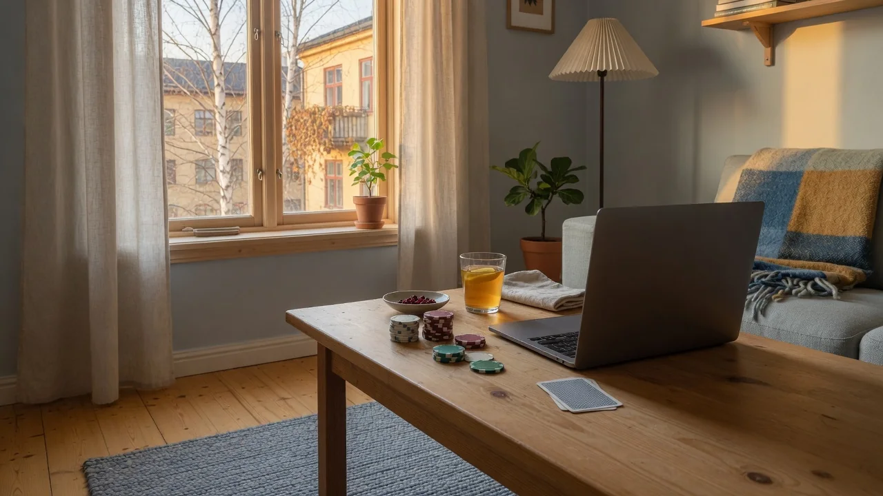 Stängd bärbar dator med casinofigurer i ett svenskt vardagsrum