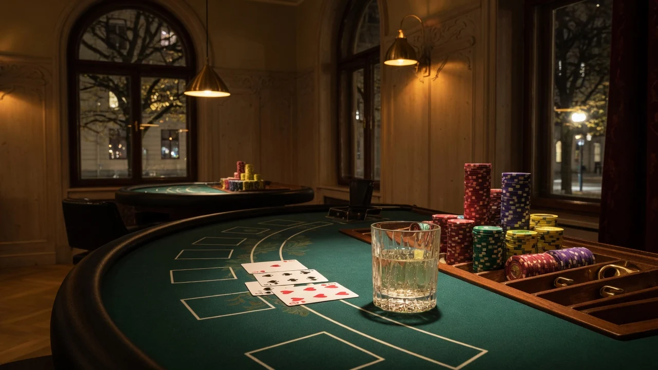 Elegant blackjackbord i en Stockholmskasinokväll med marker och kort