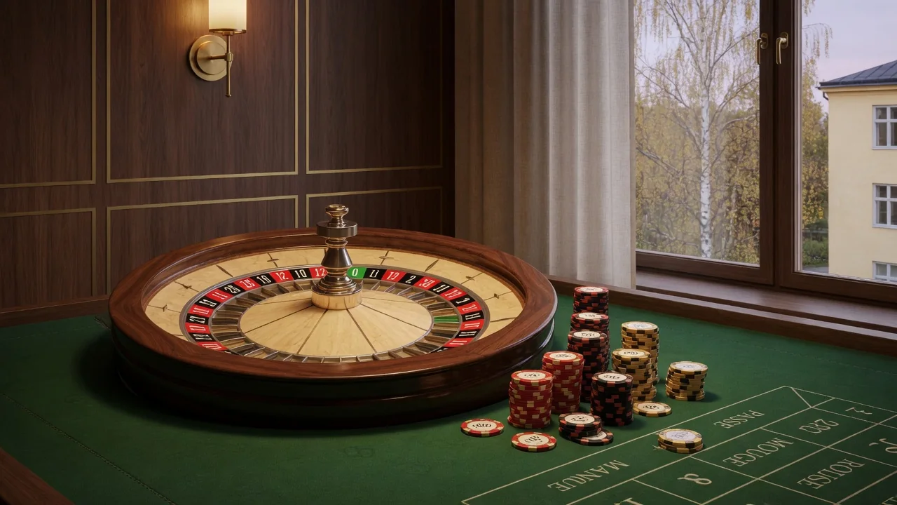 Klassiskt roulettehjul med grönt fält och färgglada casinoklimp i elegant nordisk spelmiljö