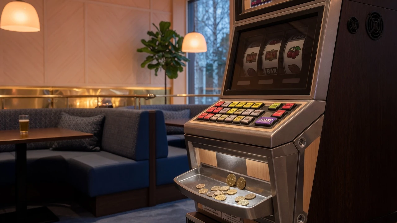 Modern spelautomat i en svensk casinolounge med mynt och varm belysning