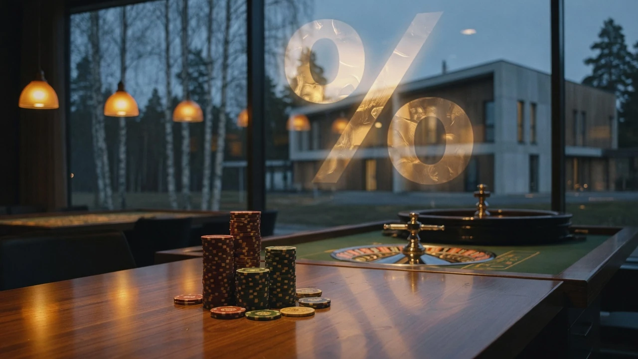 Stilren casinomiljö med marker och roulettebord i varmt ljus