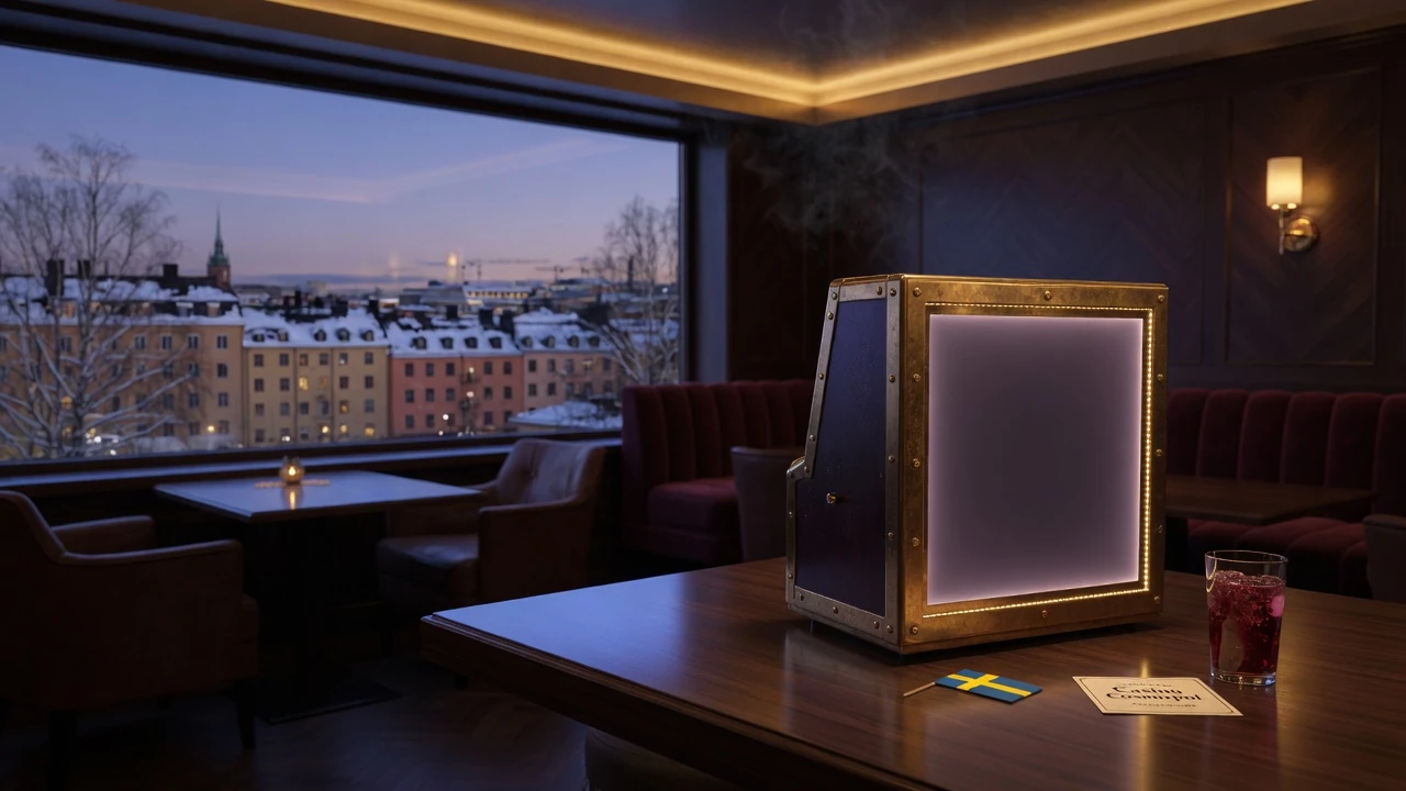 Svensk casinomiljö med en spelautomat och Stockholms silhuett