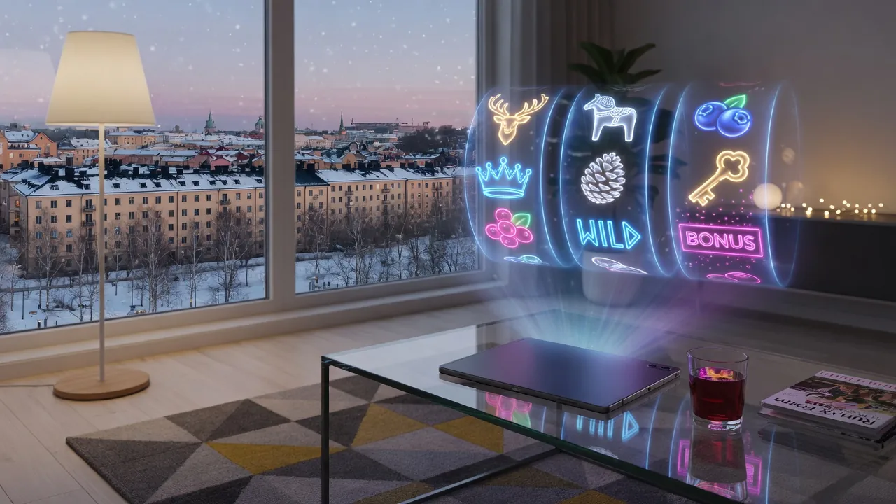 Modern skandinavisk vardagsrum med holografiska spelhjul och en surfplatta