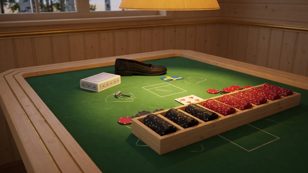 Blackjack-bord med kort och casinofärgade marker i varmt belyst svenskt casino