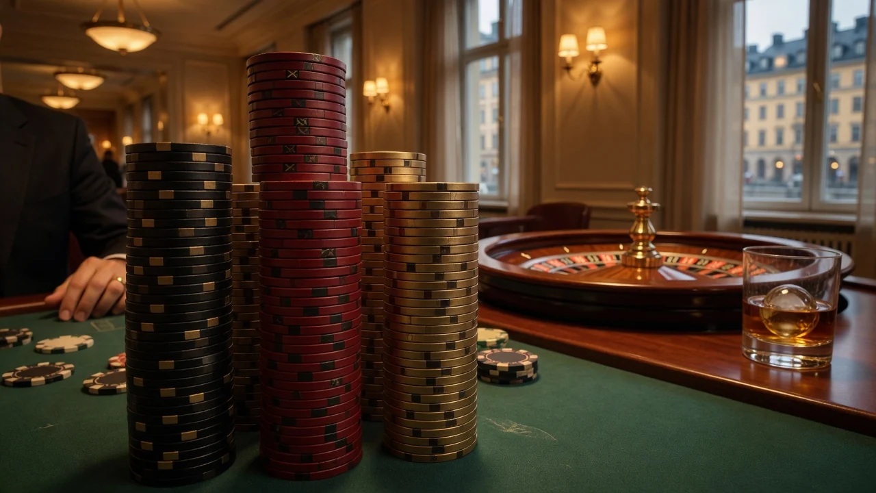 Stapel med lyxiga casinomarker på ett filtbord i en exklusiv svensk spelhall