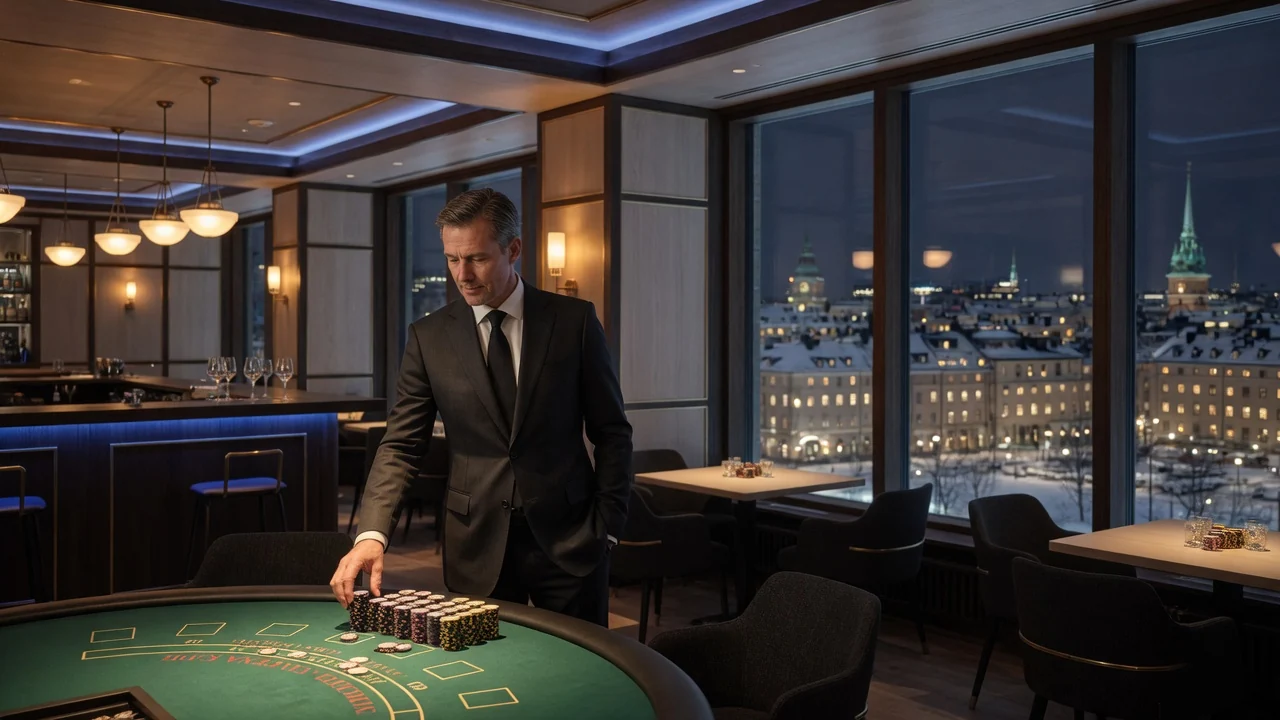 Elegant svensk casinohighroller vid exklusivt spelbord