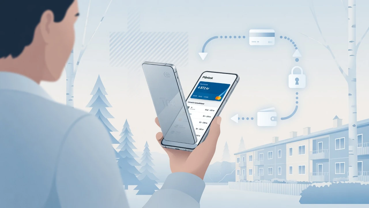Stiliserad svensk illustration av en mobiltelefon med digital plånbok och säker betalningssymbolik