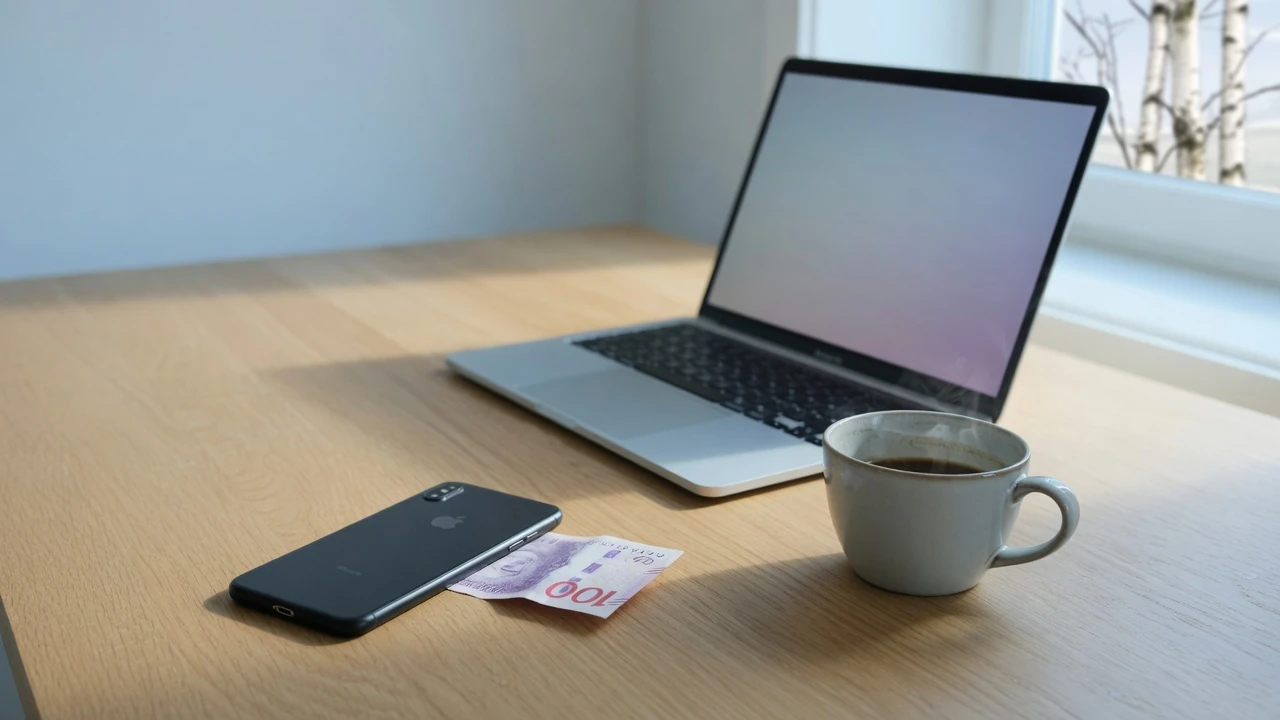 Skrivbord med telefon och kronorsedel, svensk interiör i dagsljus