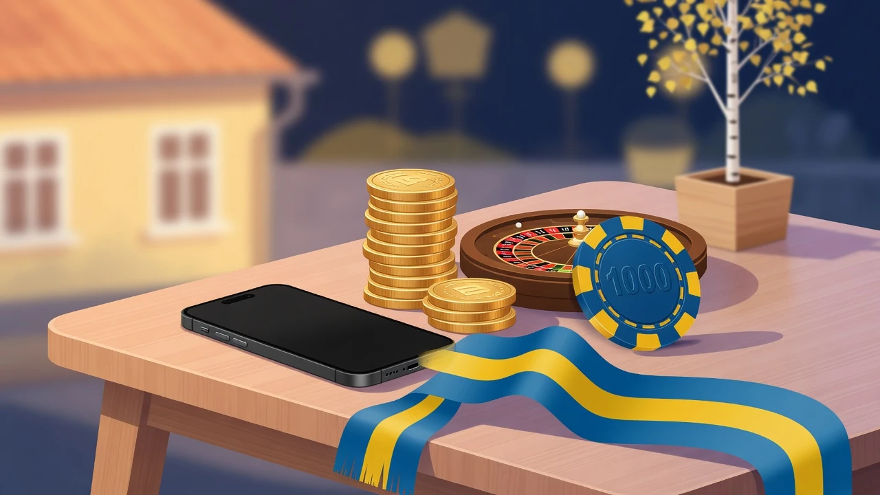 Svensk casinobonus med mynt, roulette och smartphone