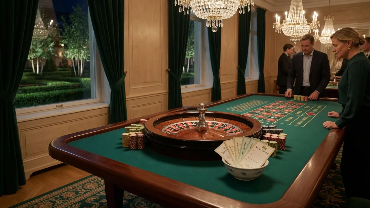 Svensk casinobord med roulette, marker och bonussedlar