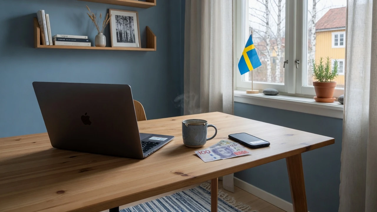 Nordiskt skrivbord med bärbar dator, kaffekopp och svenska kronor