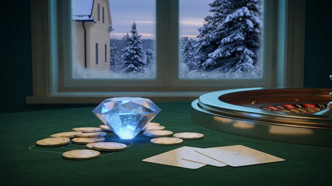 Glödande kryptovaluta-symbol på grönt casinobord med nordisk vinterutsikt