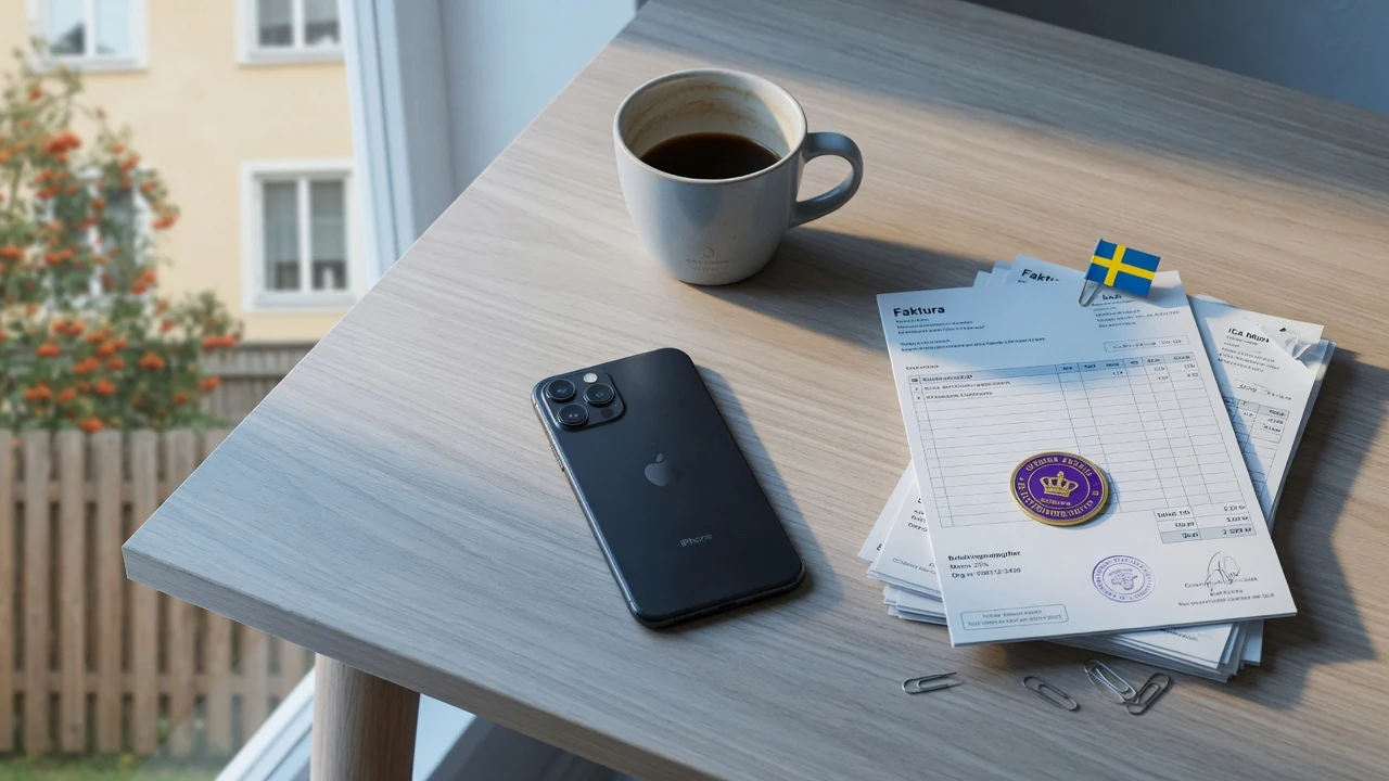 Svensk skrivbordsscen med telefon, fakturor och kaffekopp