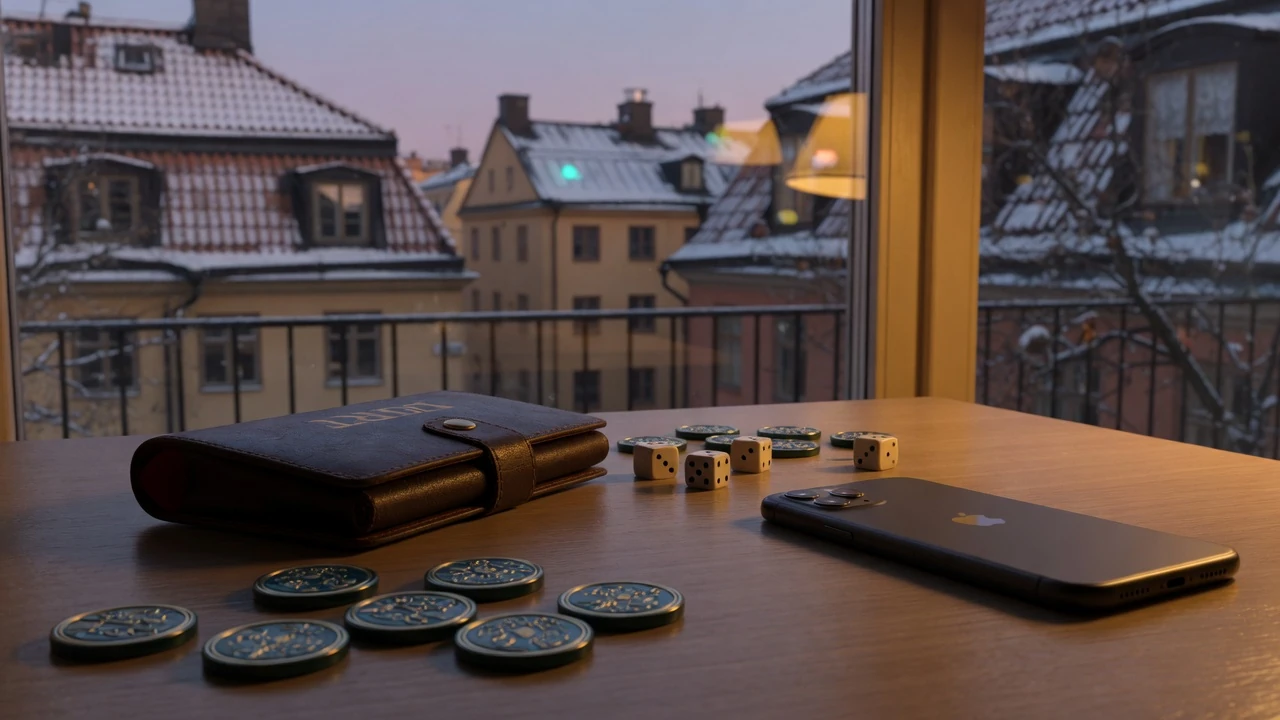 Casino-lek med marker och stängt mobilfodral på bord