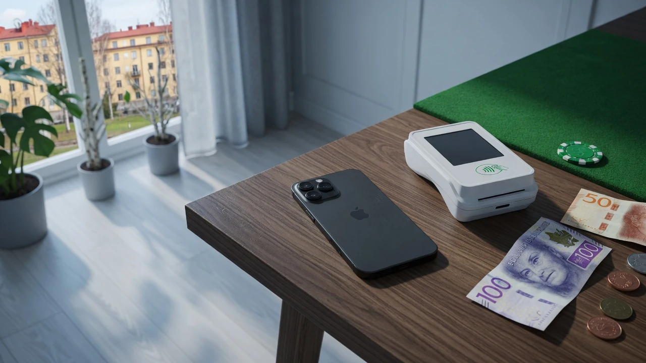 Smarttelefon med kontaktlös betalning på ett bord med svenska kronor