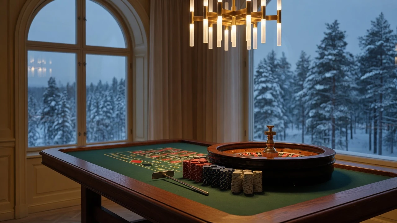 Ett elegant roulettebord med marker och hjul i en skandinavisk casinomiljö med vinterutsikt