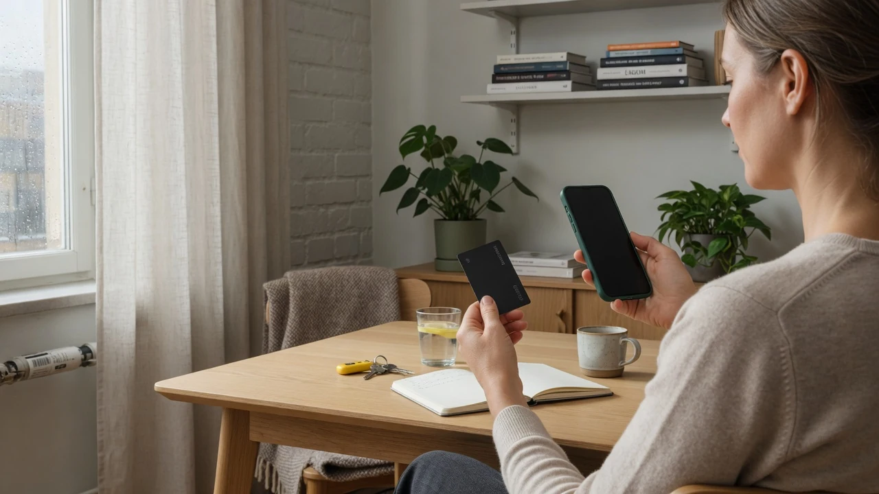 Person i modern svensk lägenhet med mobiltelefon och e-plånbok