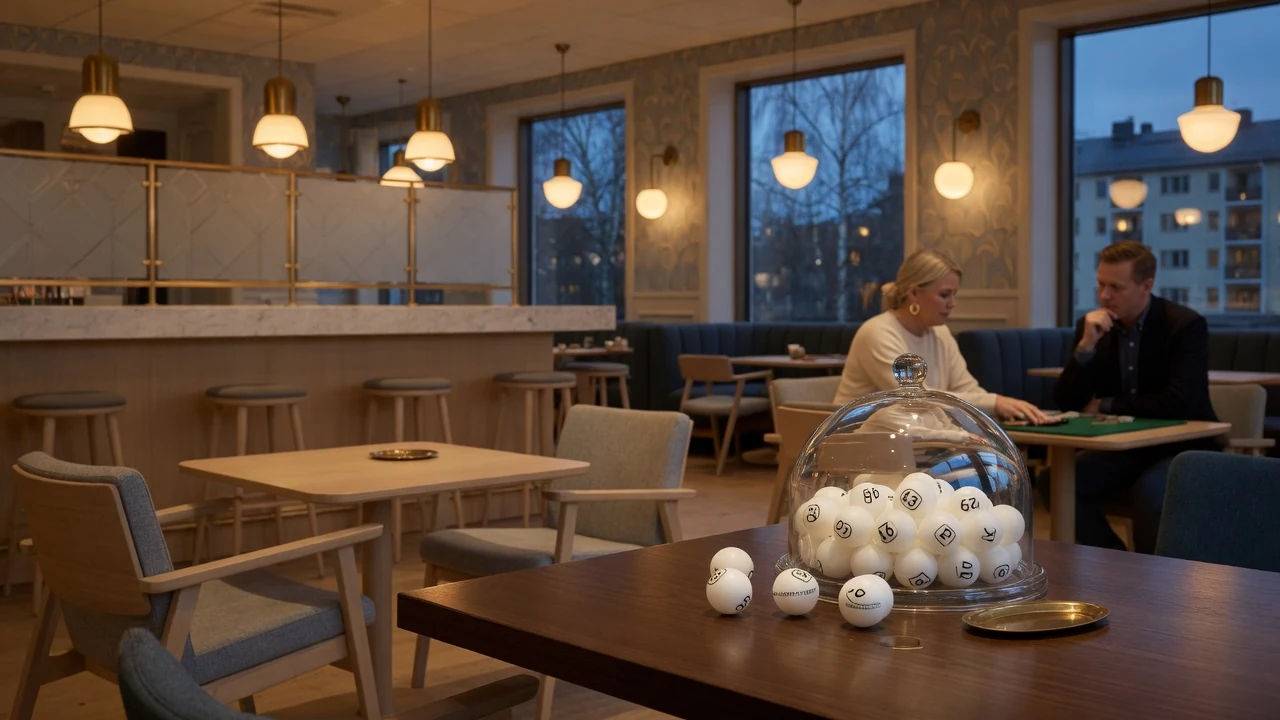 Ett elegant svenskt casinorum med en genomskinlig kupol med numrerade kenobollar på ett bord