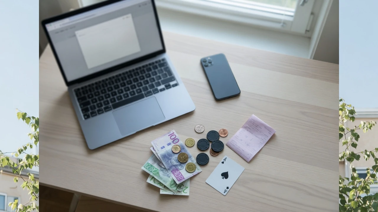 Skrivbord med telefon, kronor,marker och ett ess – svenska casinon med Klarna