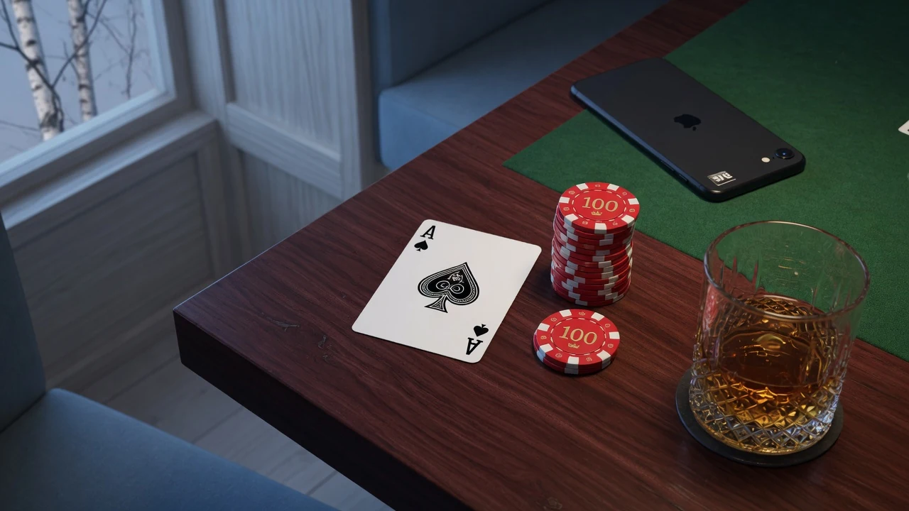 Esskort och casinole marker på ett mörkt bord