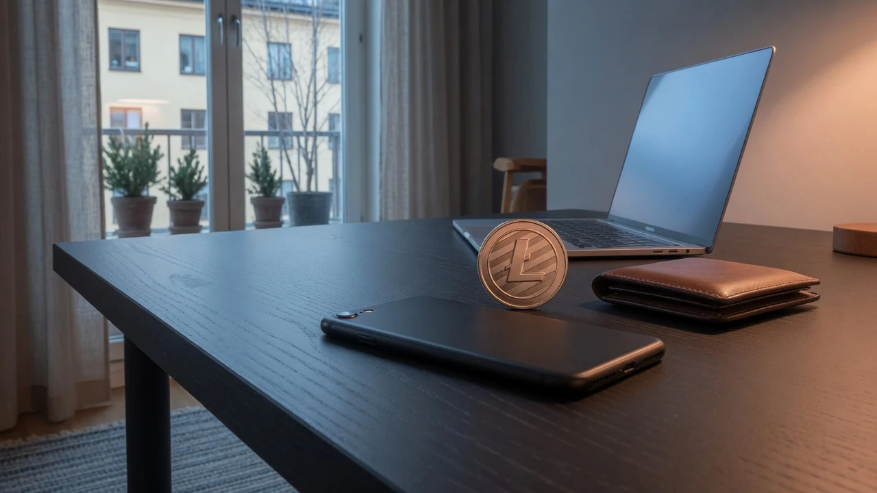 Skandinavisk skrivbord med Litecoin-mynt och telefon som betalningssymbol