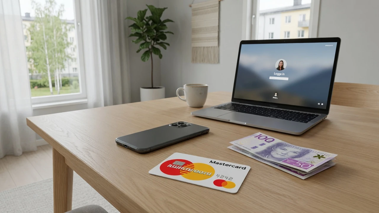 Mastercard-kort och svenska kronor på ett minimalistiskt bord i en modern svensk lägenhet.