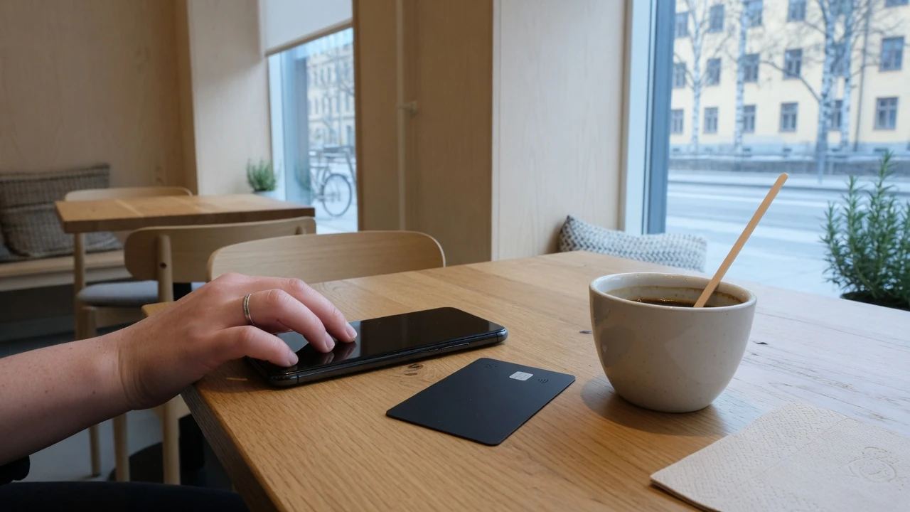 Betalningskort och telefon på kafé i Stockholm