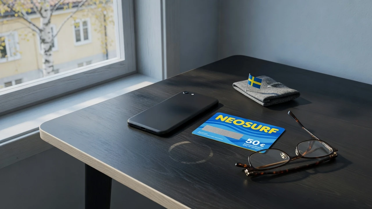 Smartphone och Neosurf-kupong på skrivbord med svensk flagga