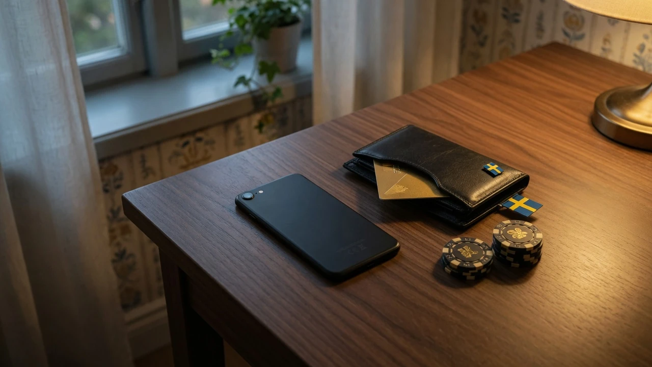 Mörkt skrivbord med telefon, plånbok, casinofärger och svensk flagga
