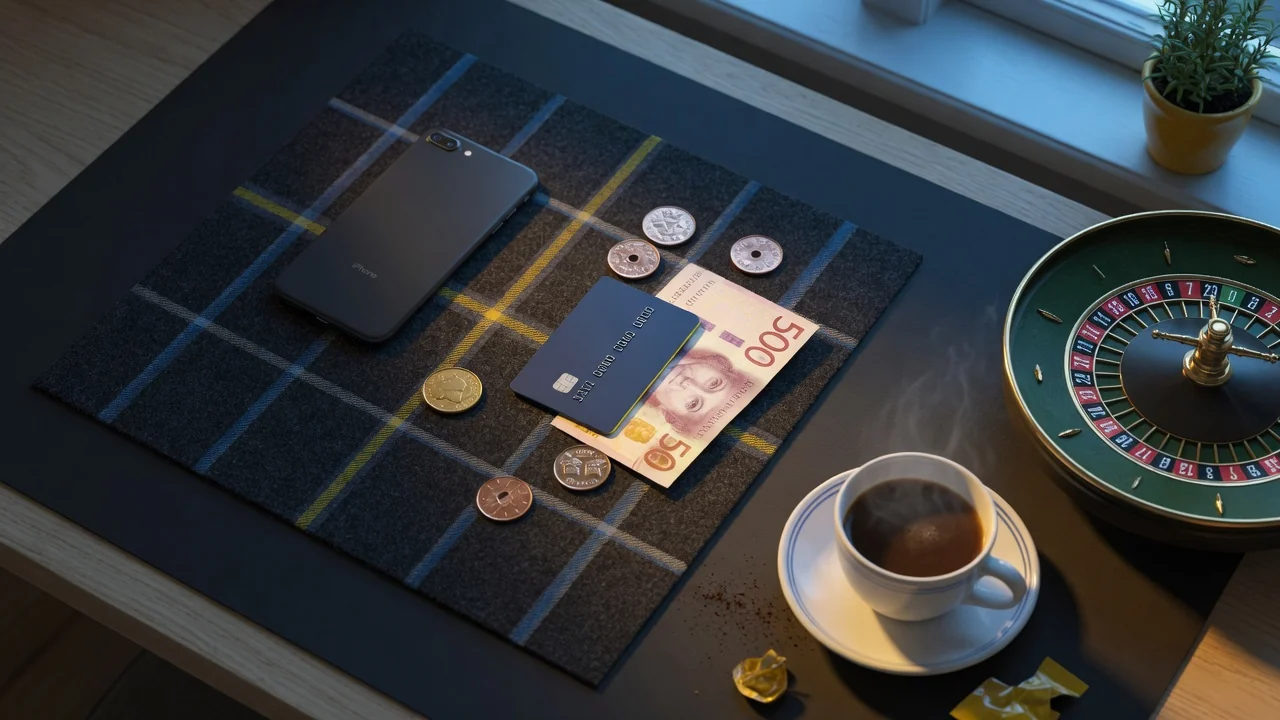 Smarttelefon, PayPal-kort och roulettehjul på mörkt nordiskt bord