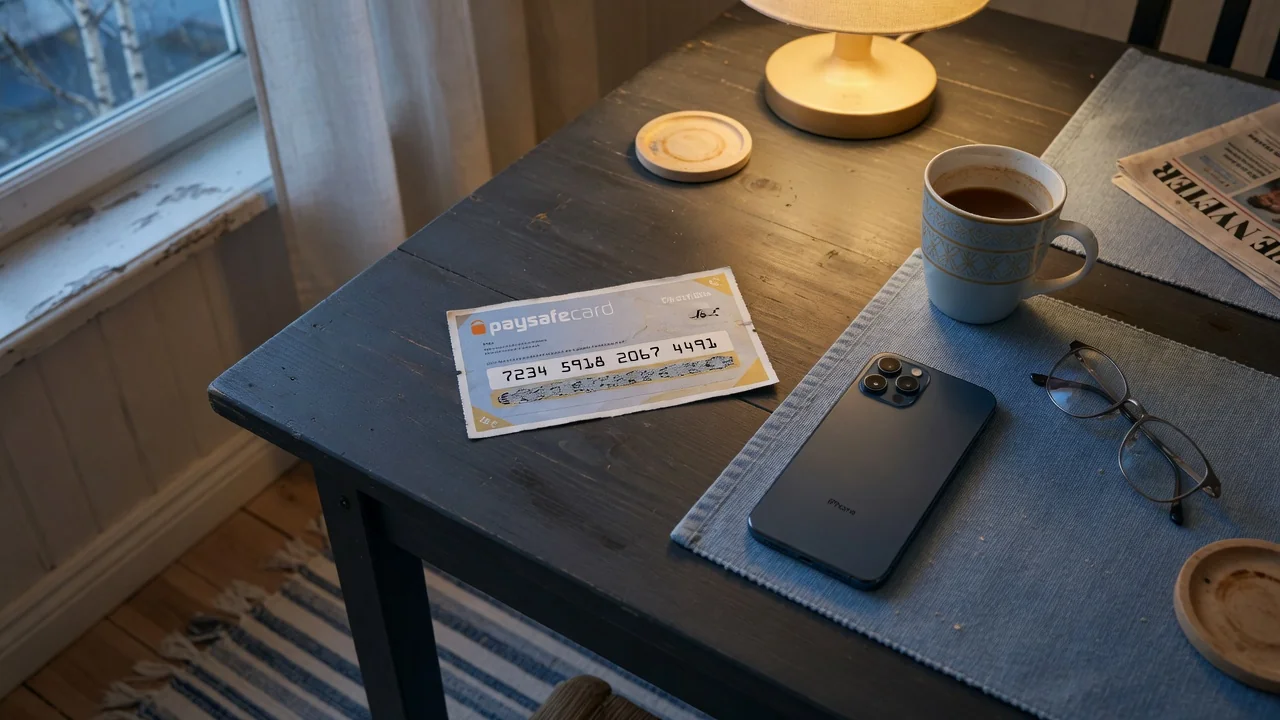 Paysafecard-kupong och smartphone på svenskt bord