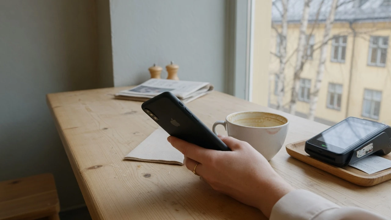 Hand med mobiltelefon och betalterminal på ett kafé i Stockholm