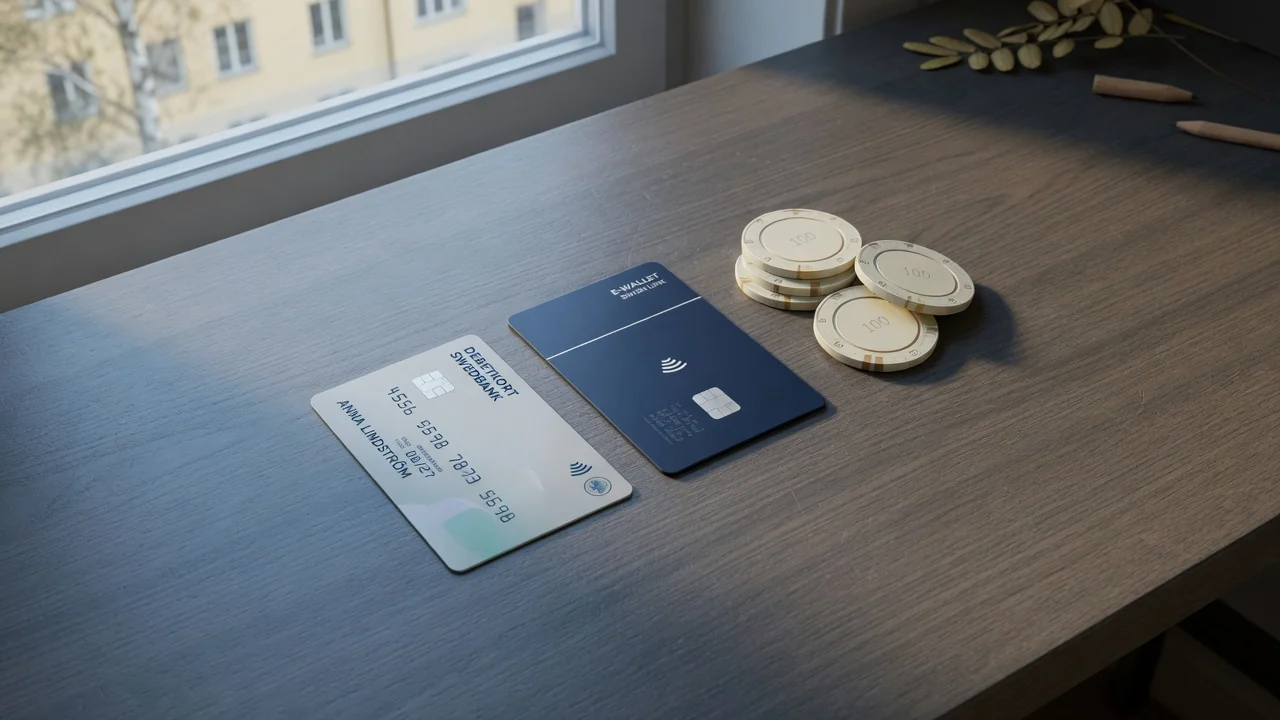 Svensk bankkort, e-plånbok och casinotokens i en kedja