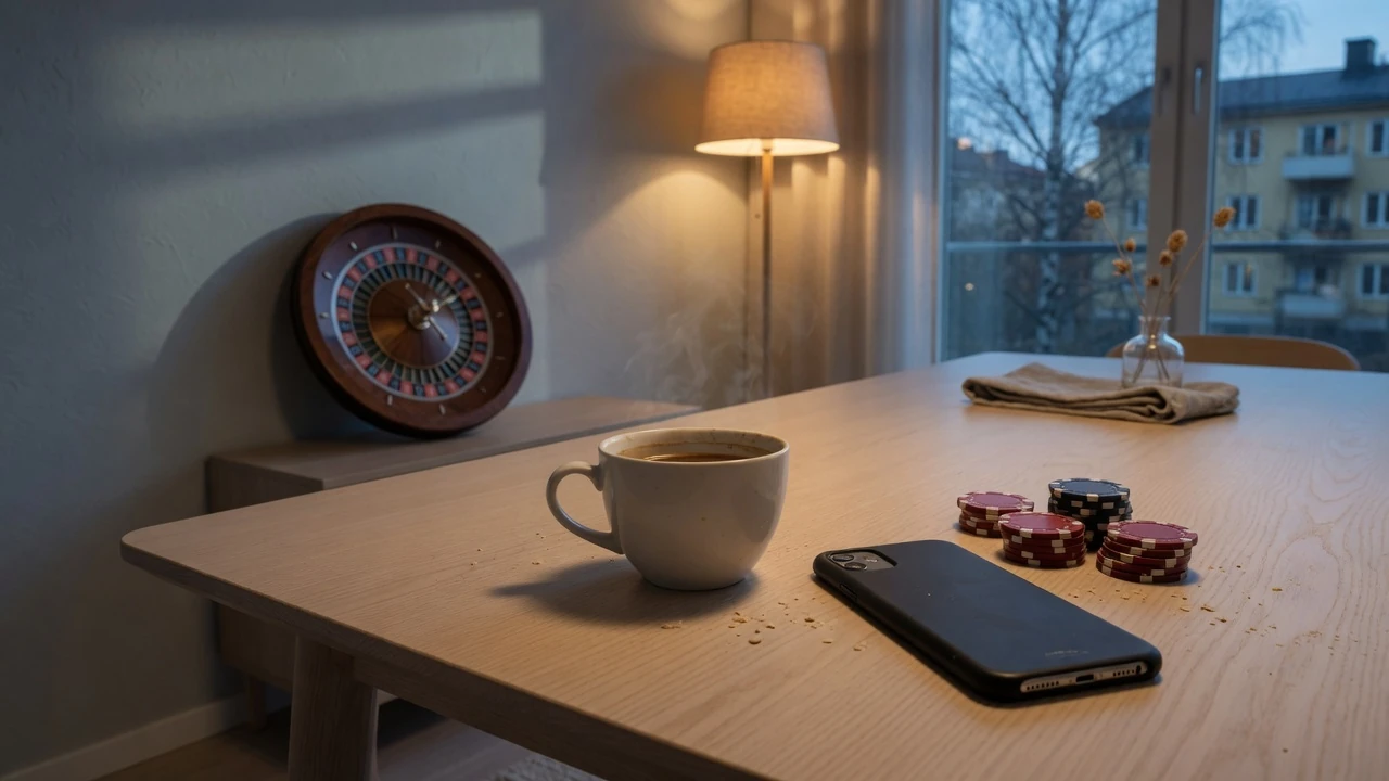 Skandinavisk vardagsrum med casinotillbehör och mobiltelefon