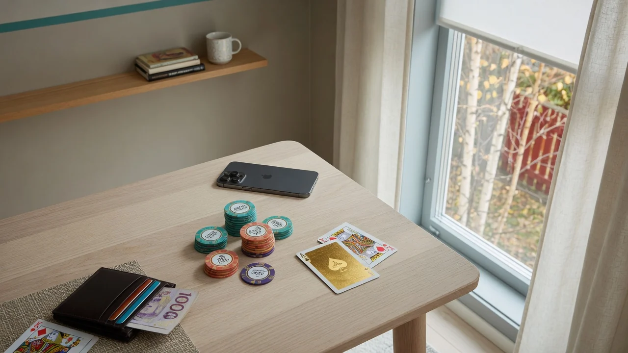 Minimalistiskt skrivbord med casinoföremål och telefon i svensk inredning