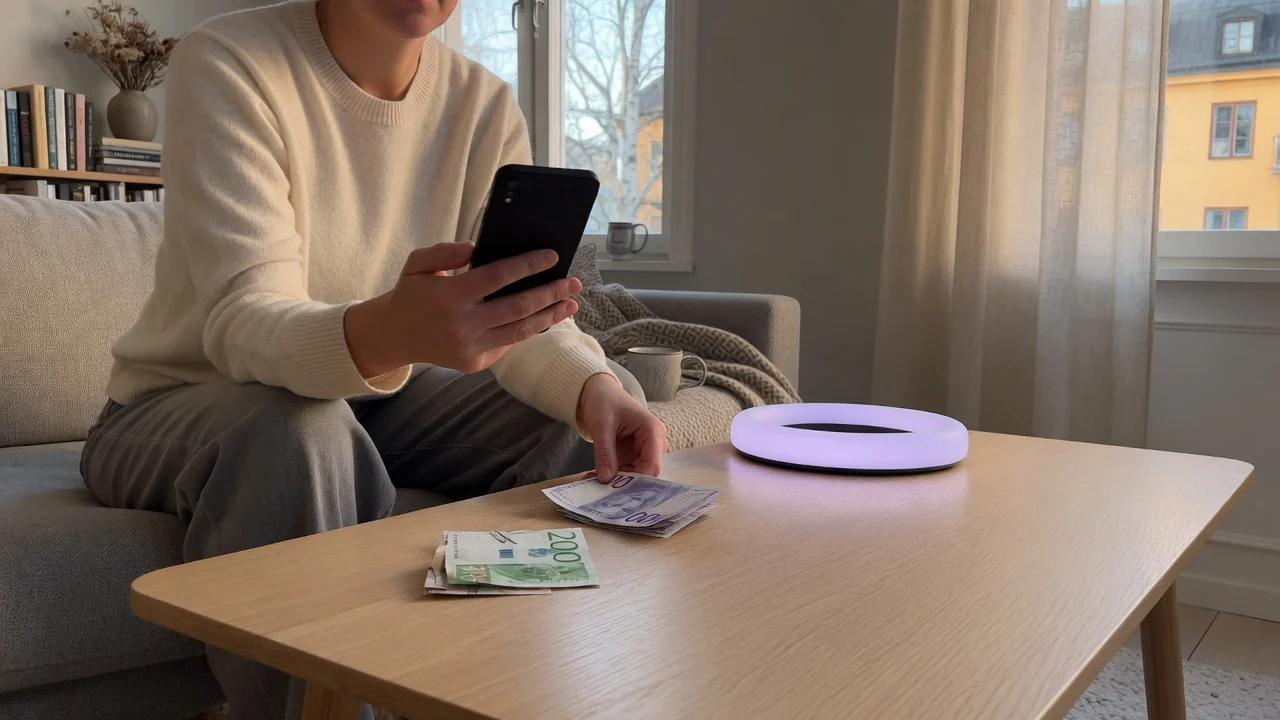 Person med smartphone och svenska kronor på bord