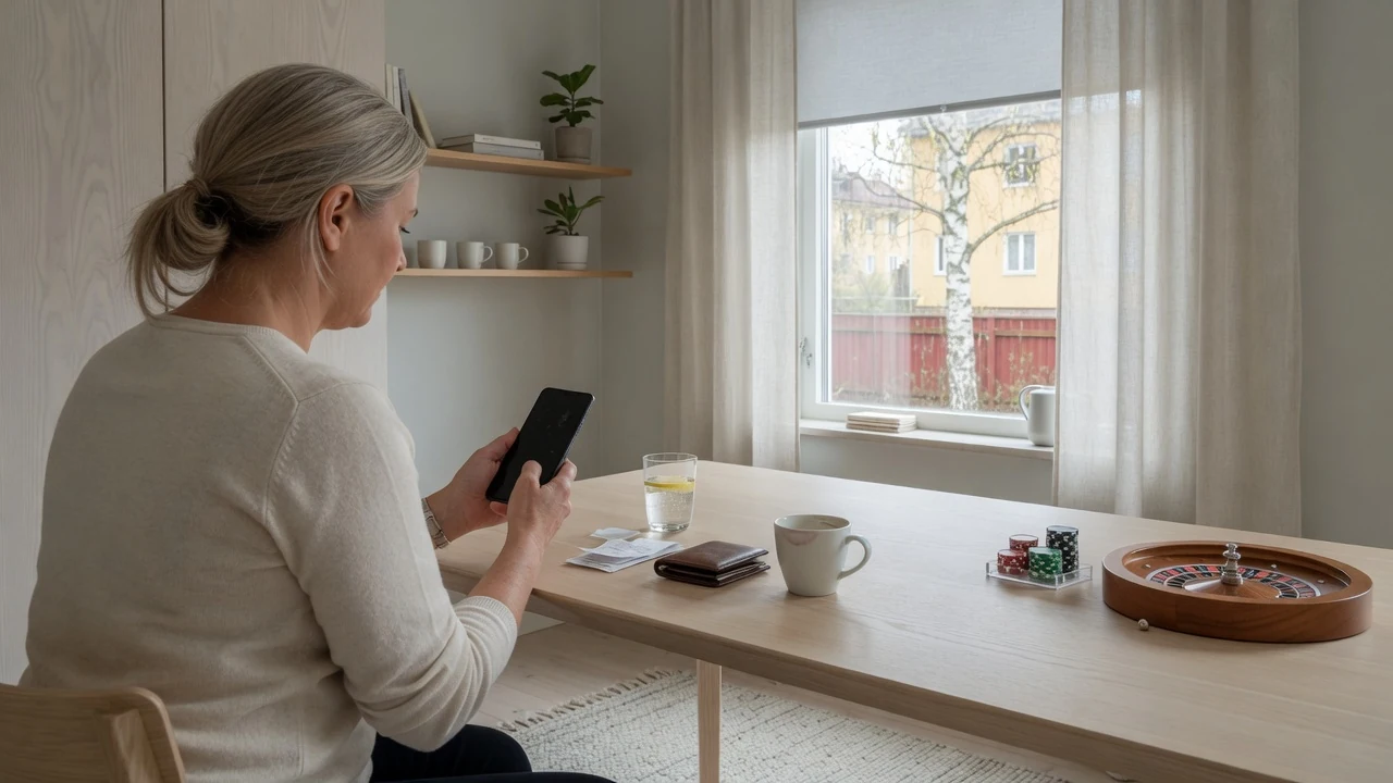Svensk person betalar med smartphone via Swish i hemmiljö