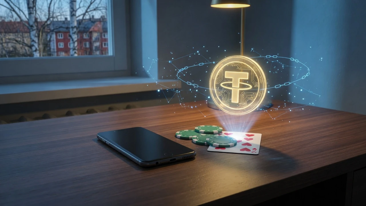 Smartphone, USDT-mynt och casinofigurer på ett skrivbord