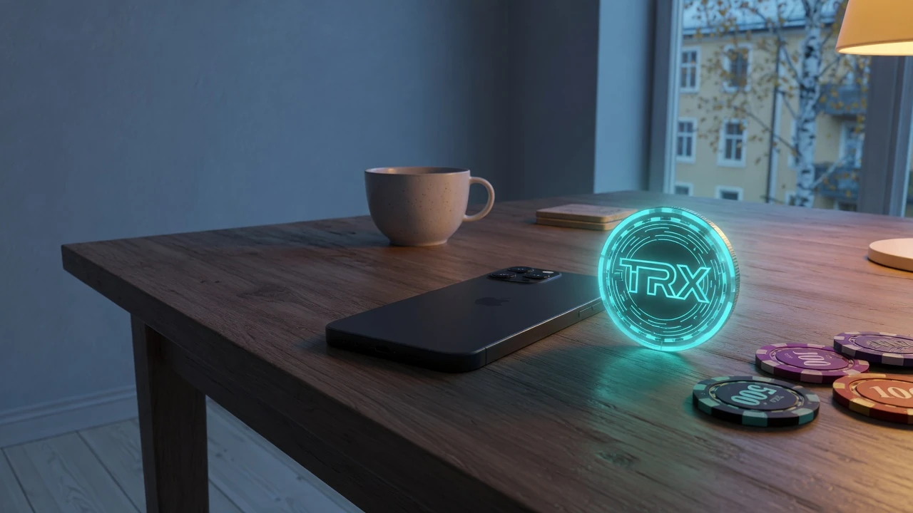 TRX-mynt, casinofigurer och telefon på ett minimalistiskt skandinaviskt bord
