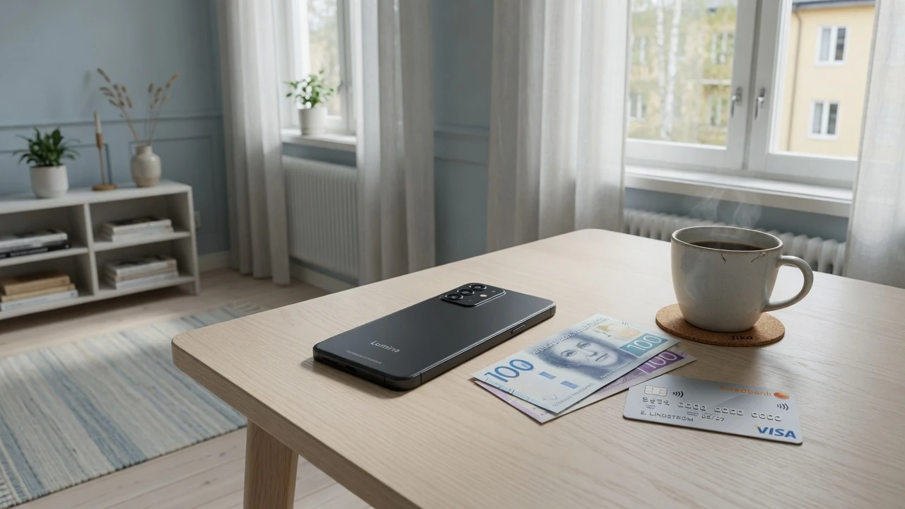 Smartphone vid sidan av bankkort och svenska sedlar på ett skrivbord